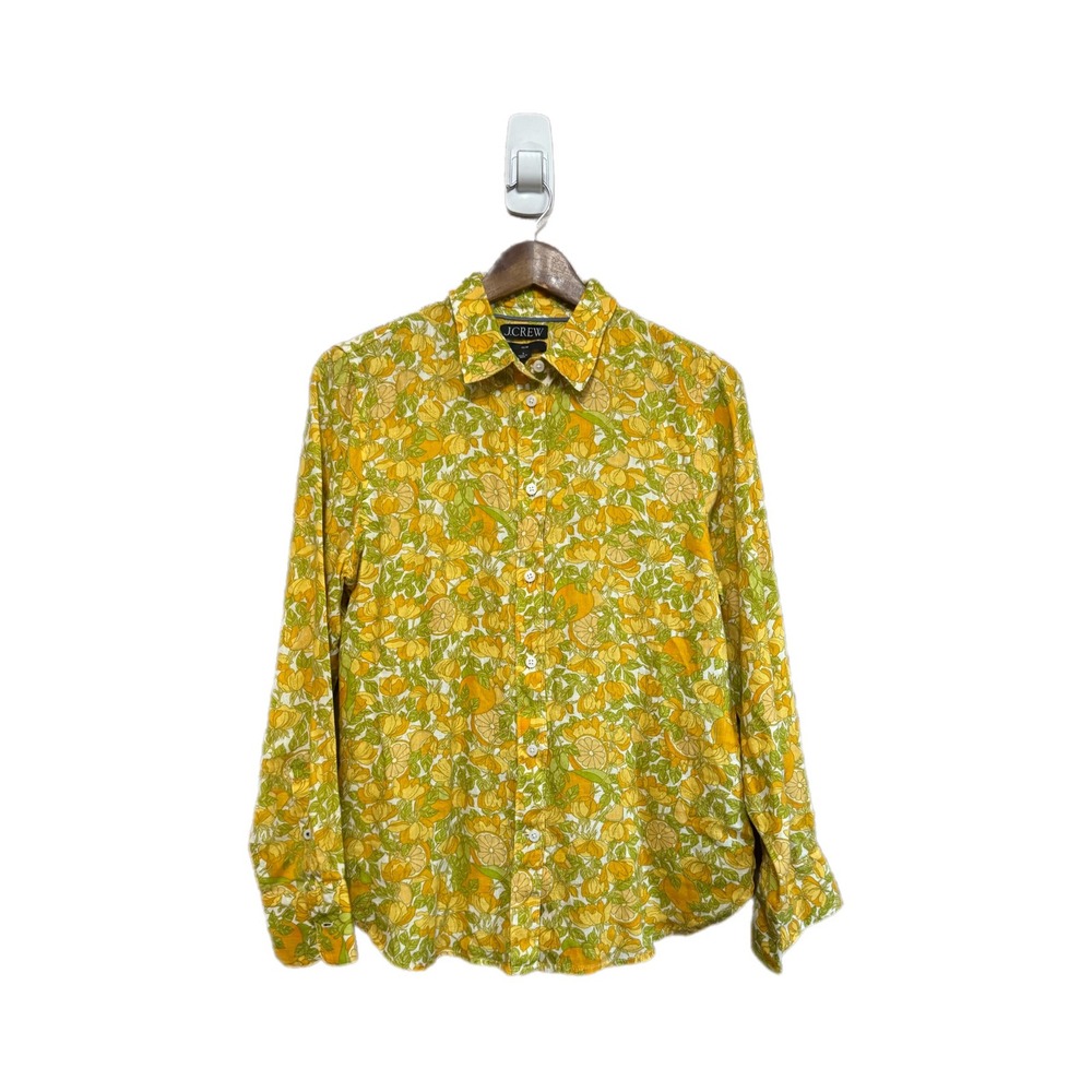 J.Crew Button Up Shirt Womens 8 Yellow Citrus Fruit Print Slim Fit Excellent